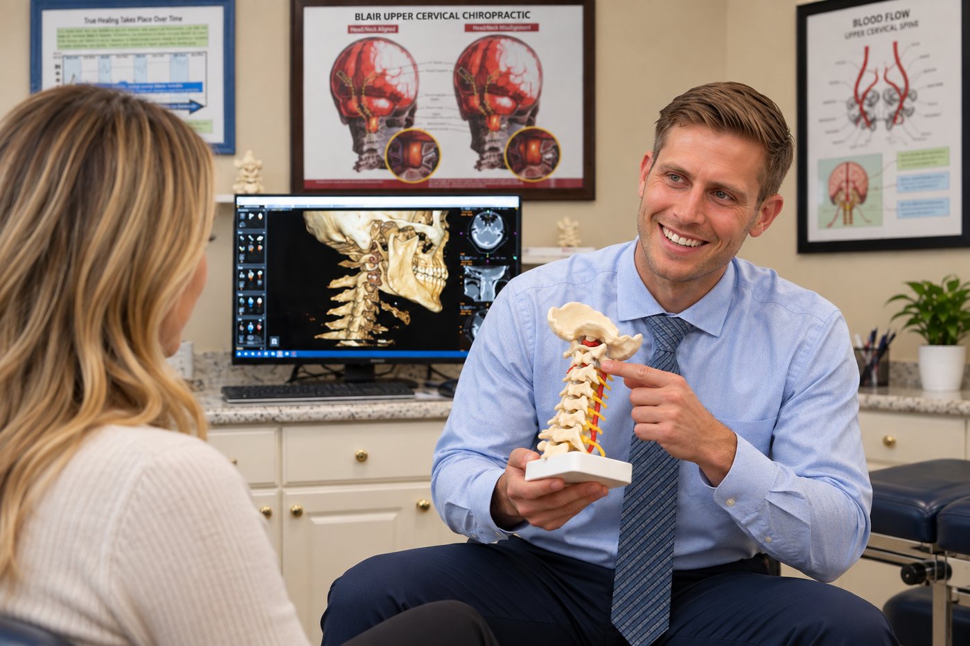 Dr. Marsh explaining the upper neck to a patient using a spine model, with a 3D scan on the screen behind him