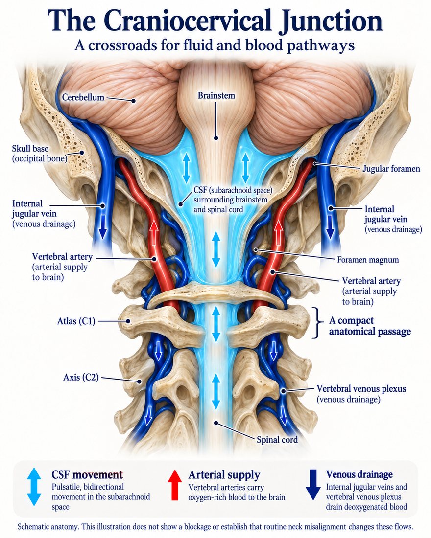 Illustration of the craniocervical junction showing the brainstem, spinal cord, cerebrospinal fluid, vertebral arteries, and veins passing through the atlas and axis
