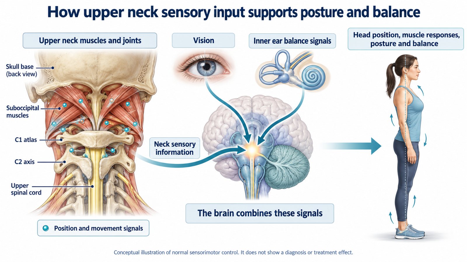 Illustration showing how signals from the upper neck muscles and joints, vision, and the inner ear combine in the brain to control head position, posture, and balance