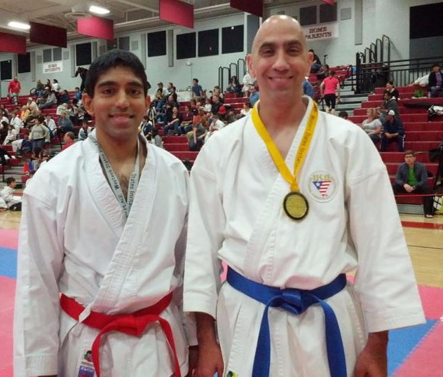 Sensei Sanjit Mandal (left) and Sensei John Crose (right) wearing medals at the USA-NKF Western States Championships